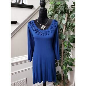 Design Story Tunic Top Womens 2X Blue Soutache Detail Handkerchief Hem Pullover
